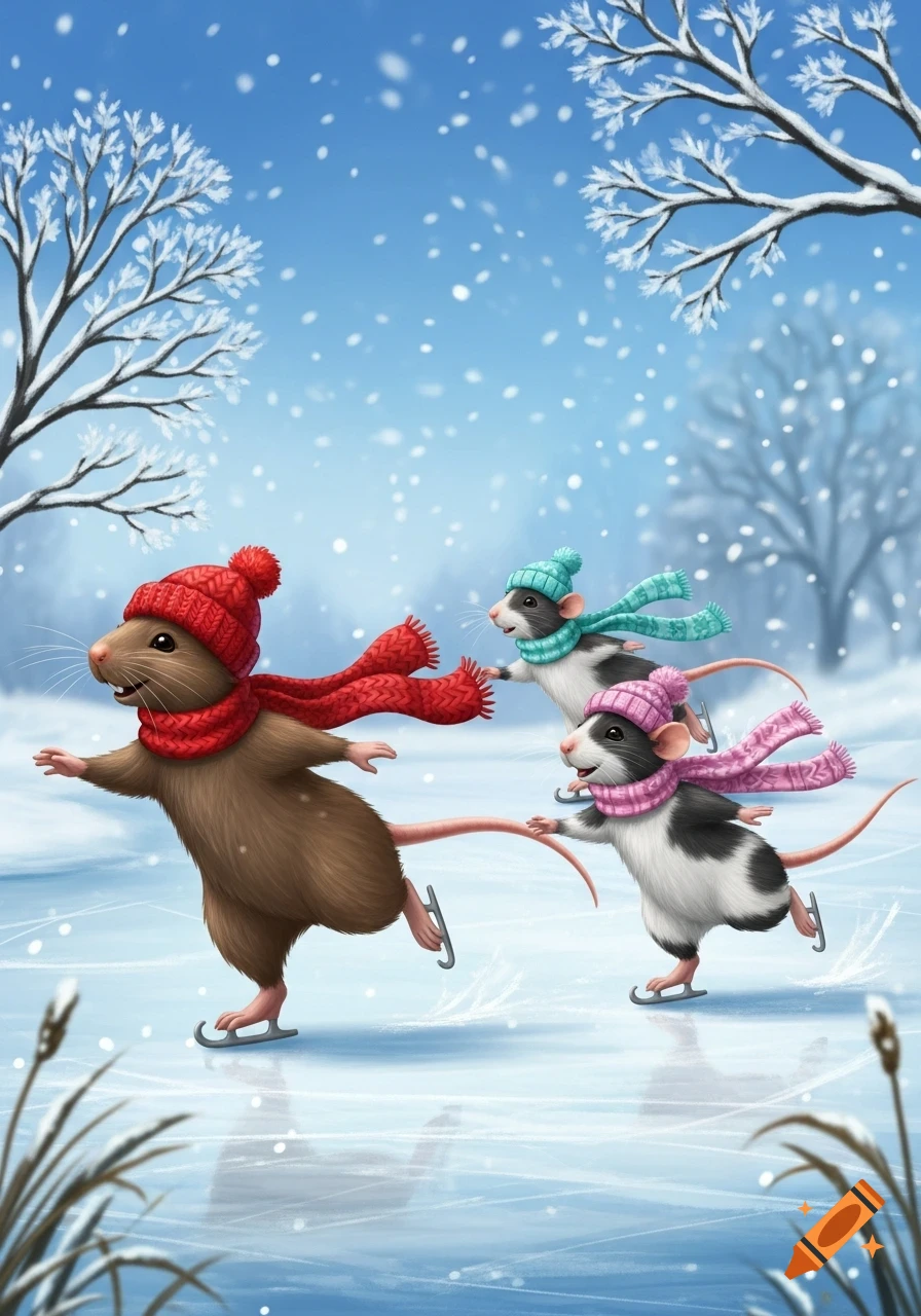 Three cheerful rats, wearing winter hats and scarves, ice skate across a frozen pond in a snowy landscape.