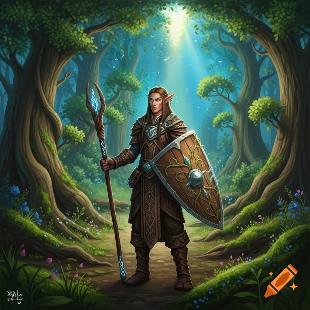 A wood elf druid in brown armor with a shield and glowing staff stands in a lush, magical forest with sunlight filtering through trees.