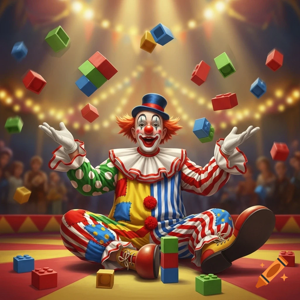 A vibrant illustration of a happy clown sitting cross-legged in a circus tent, juggling colorful building blocks.