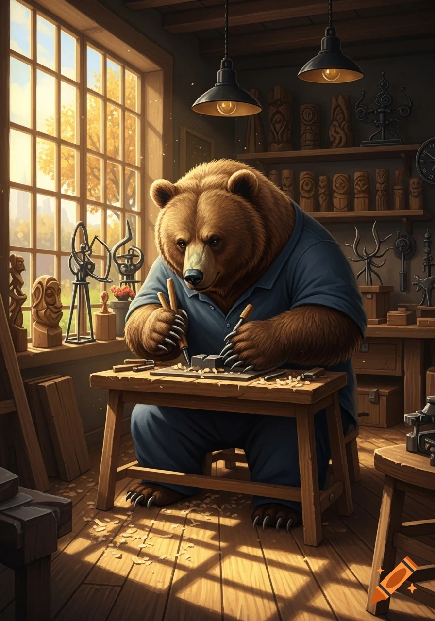 A brown bear in a blue shirt carves wood at a workbench in a sunlit workshop, surrounded by wooden sculptures.