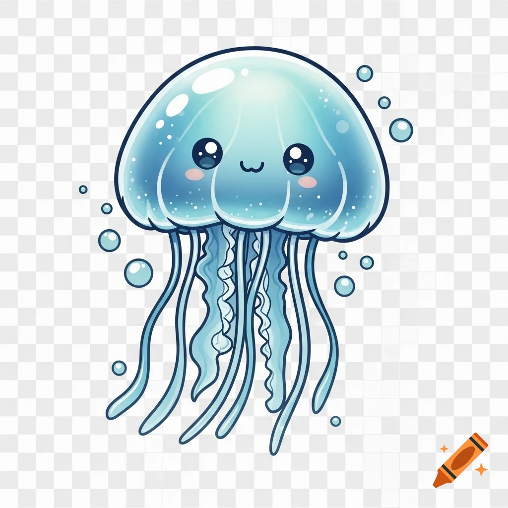 A cute, cartoon-style blue moon jellyfish with large kawaii eyes and pink blush, floating among bubbles on a transparent background.