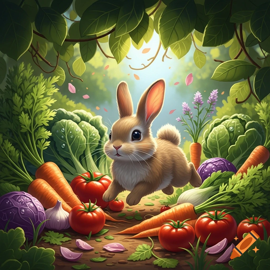 A cute brown rabbit hops through a lush garden filled with vibrant carrots, tomatoes, purple cabbage, and green foliage, cartoon style.