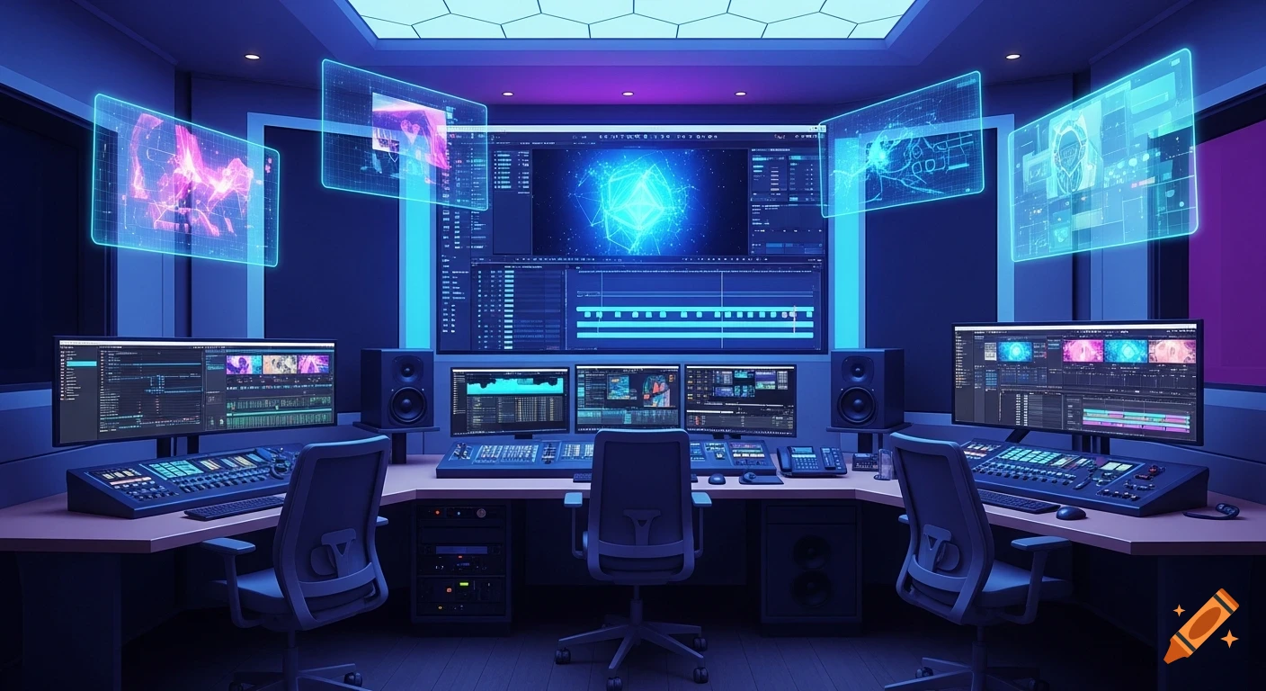 A futuristic control room bathed in blue and purple light, with multiple monitors displaying video editing software and data, and floating holographic screens.