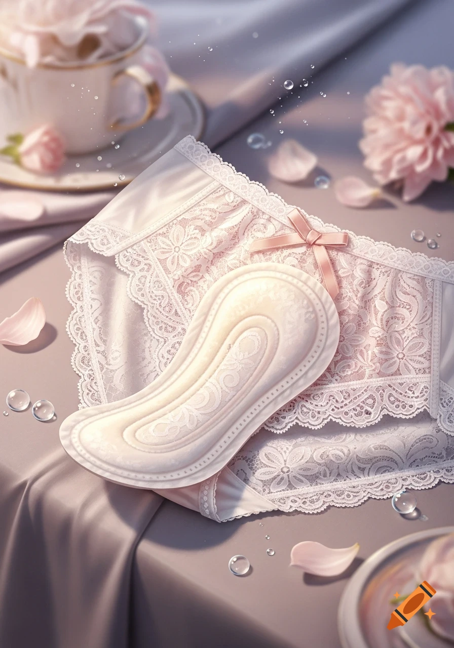 A white sanitary pad rests on pink lace underwear with a bow, near a teacup and scattered pink petals on a grey satin fabric.