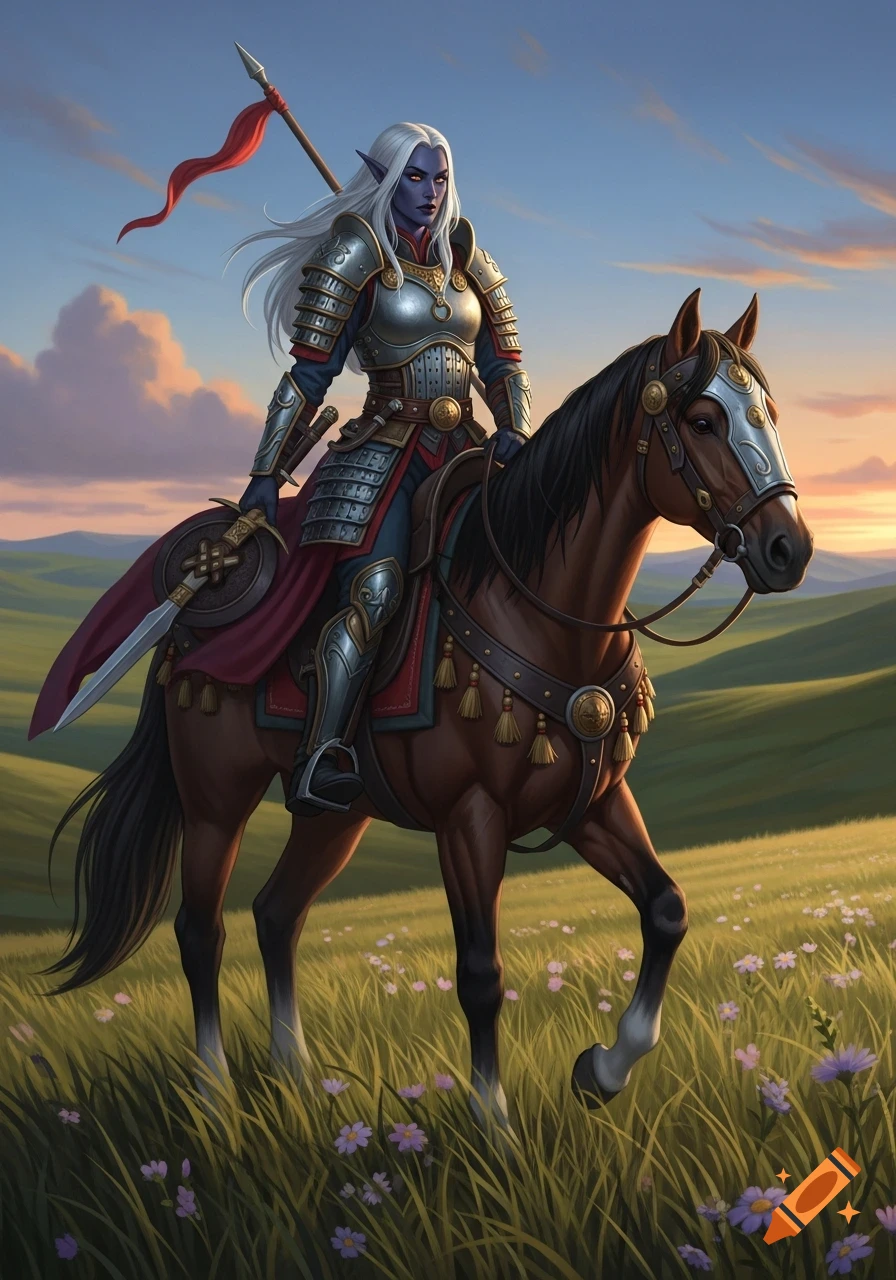 A Drow warrior in ornate armor rides a horse through a field of wildflowers at sunset.