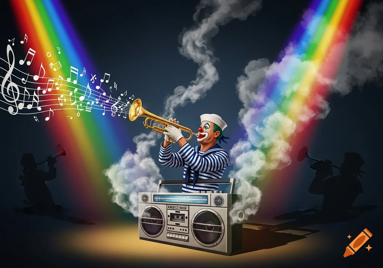A sailor clown plays a trumpet, emerging from a boombox under colorful rainbow spotlights with musical notes and smoke.