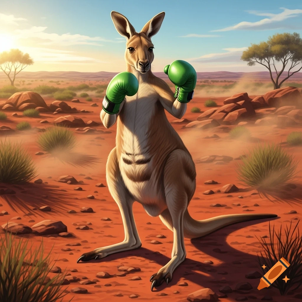 A boxing kangaroo wearing green gloves stands in a sunlit, rocky desert landscape.