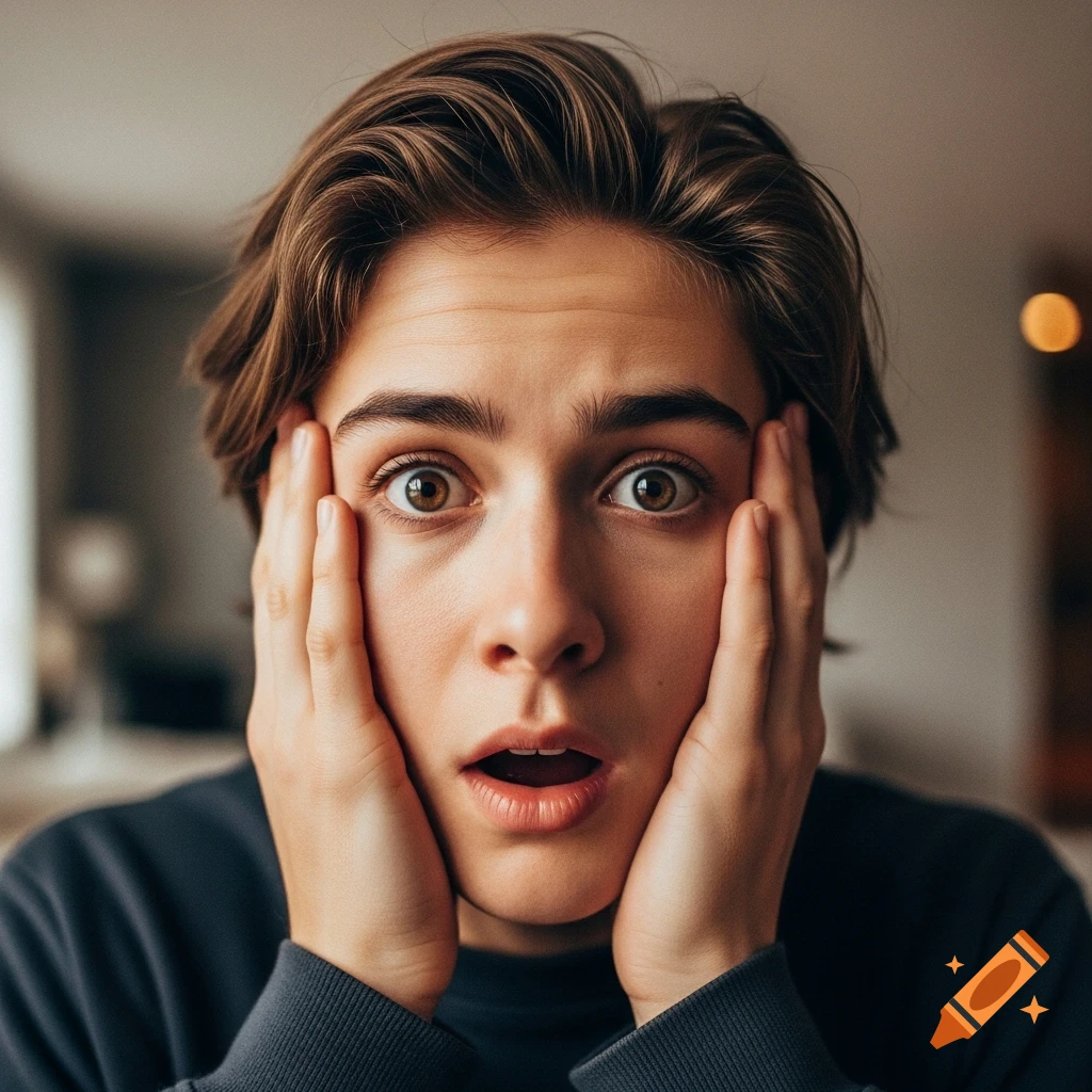 A young person with wide eyes and open mouth holds their face in an expression of shock or surprise.