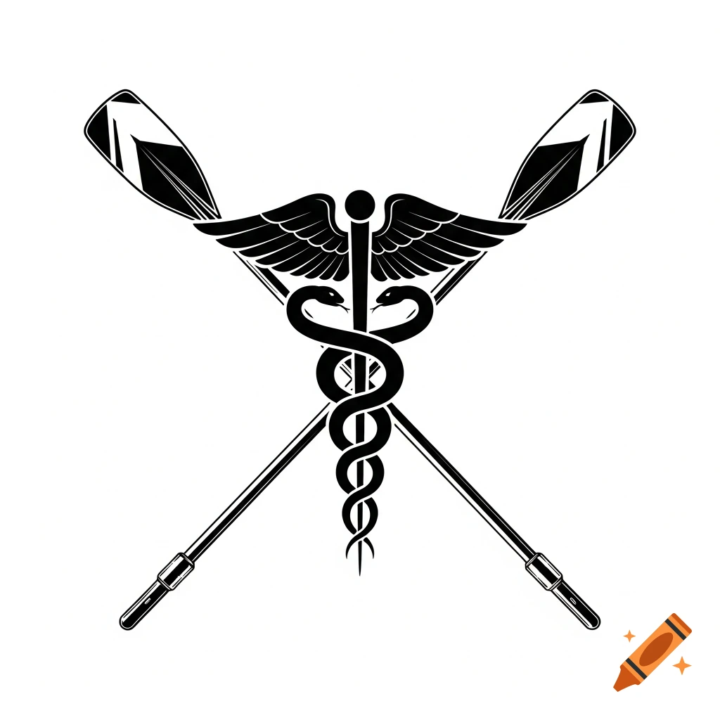 Black and white graphic of a caduceus symbol with two snakes and wings, overlaid with two crossed rowing oars.