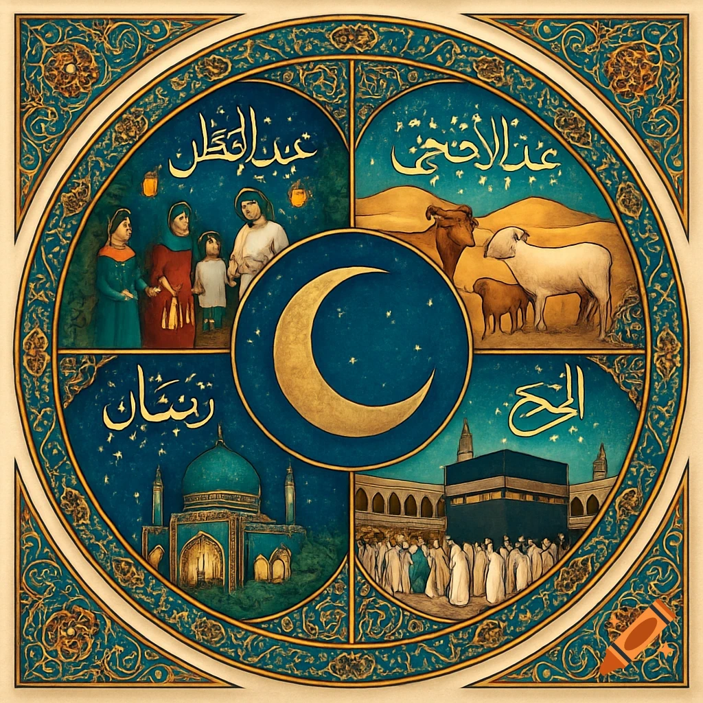 A circular decorative illustration in teal and gold depicting four Islamic events: Eid al-Fitr, Eid al-Adha, Ramadan, and Hajj, with a golden crescent moon in the center.