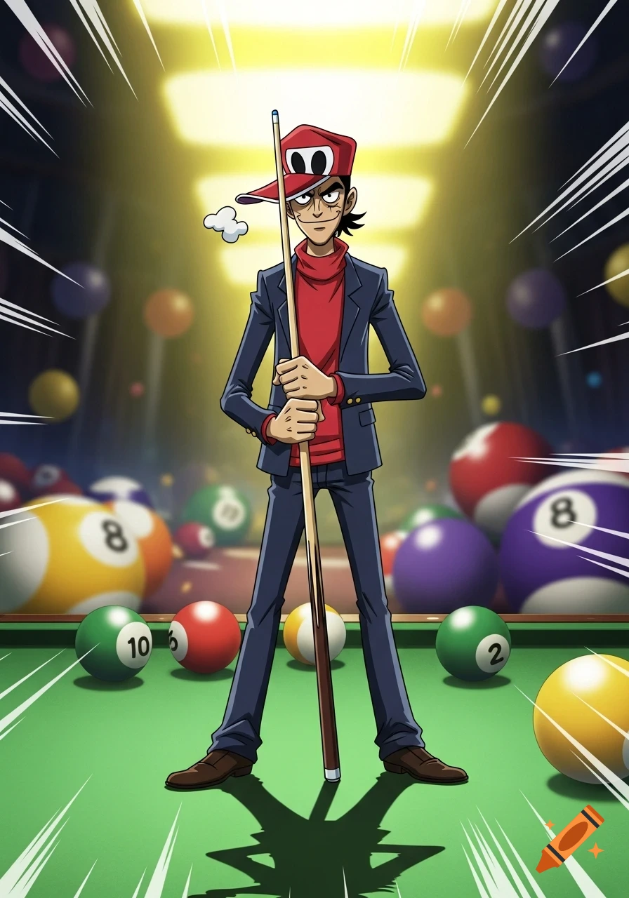 Anime-style character in a red hat and suit holds a pool cue in a vibrant pool hall with scattered billiards balls.