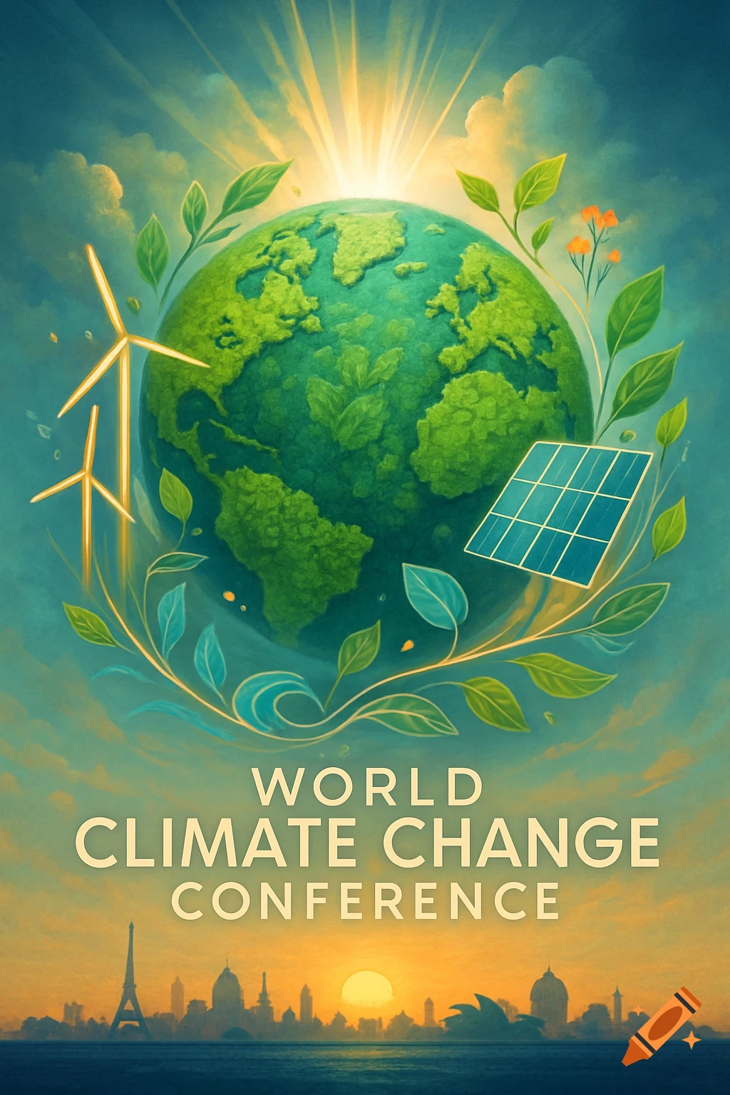 A stylized poster for a world climate change conference features a green Earth, wind turbines, solar panels, and a city skyline at sunset.