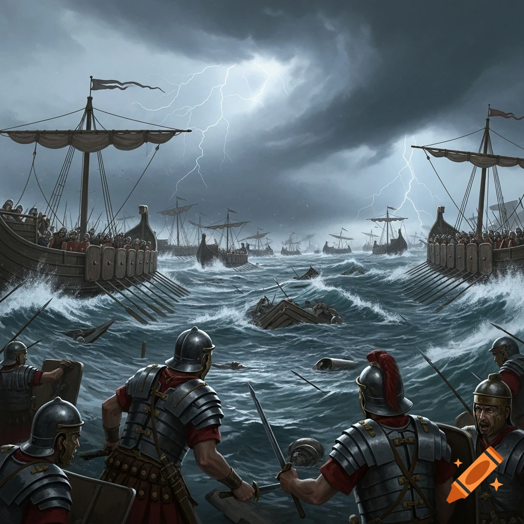 A detailed illustration of a Roman fleet caught in a violent storm at sea, with ships breaking apart and soldiers in the raging waves under a lightning-filled sky.