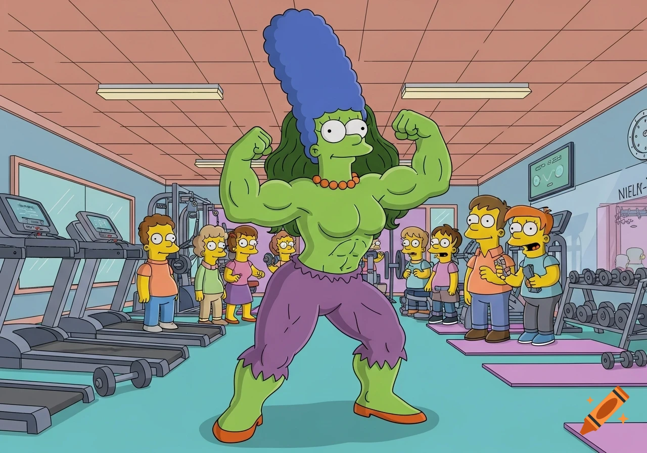 Green-skinned, muscular Marge Simpson as She-Hulk flexes her biceps in a gym, surrounded by other cartoon characters.
