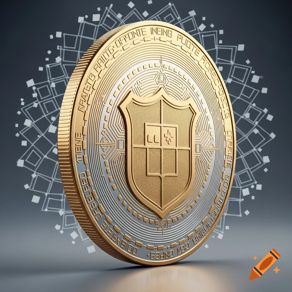 A detailed golden and silver cryptocurrency coin with a shield emblem and circuit-like patterns, set against a dark background with a white geometric design.