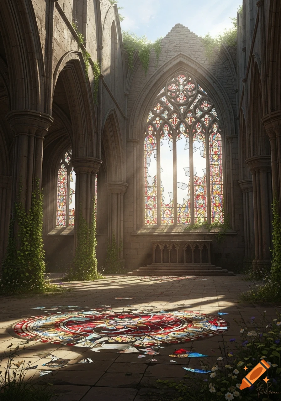 Sunlit, overgrown ruined gothic abbey with large broken stained glass windows and shattered glass on the floor. Photorealistic.