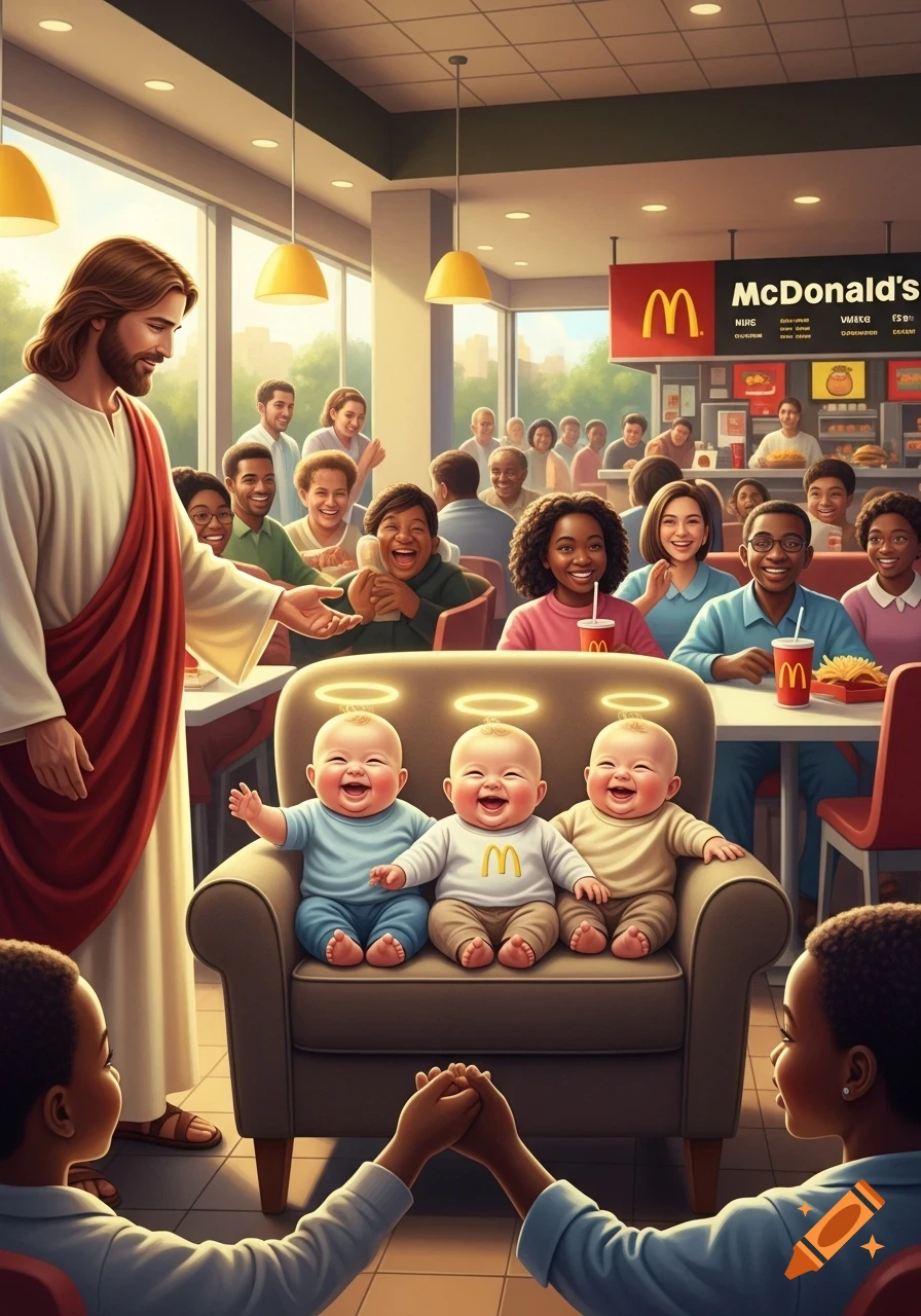 Jesus stands next to three happy babies with halos on a couch, surrounded by diverse joyful people in a McDonald's restaurant.