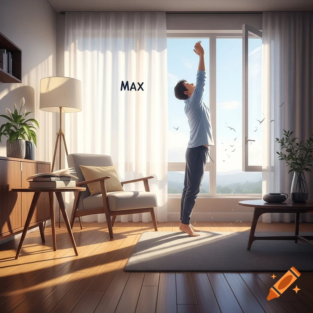 A man stretches with his arms raised, standing on a rug in a modern, sunlit living room with large windows.