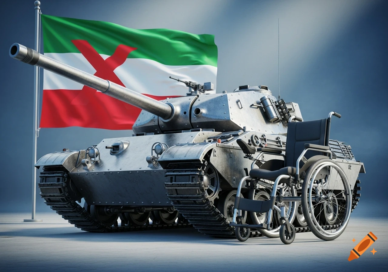 A metallic tank stands next to a black and silver wheelchair, set against a waving flag with green, white, and red stripes featuring a large red 'X' cross.