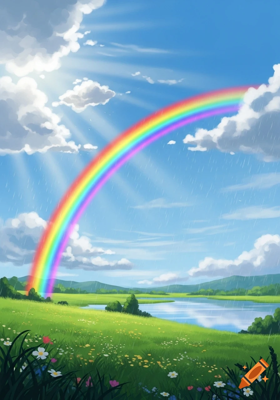 Vibrant rainbow arches over a green meadow with wildflowers, a serene lake, and hills under a sunny, rainy blue sky with clouds and sun rays, illustrative style.