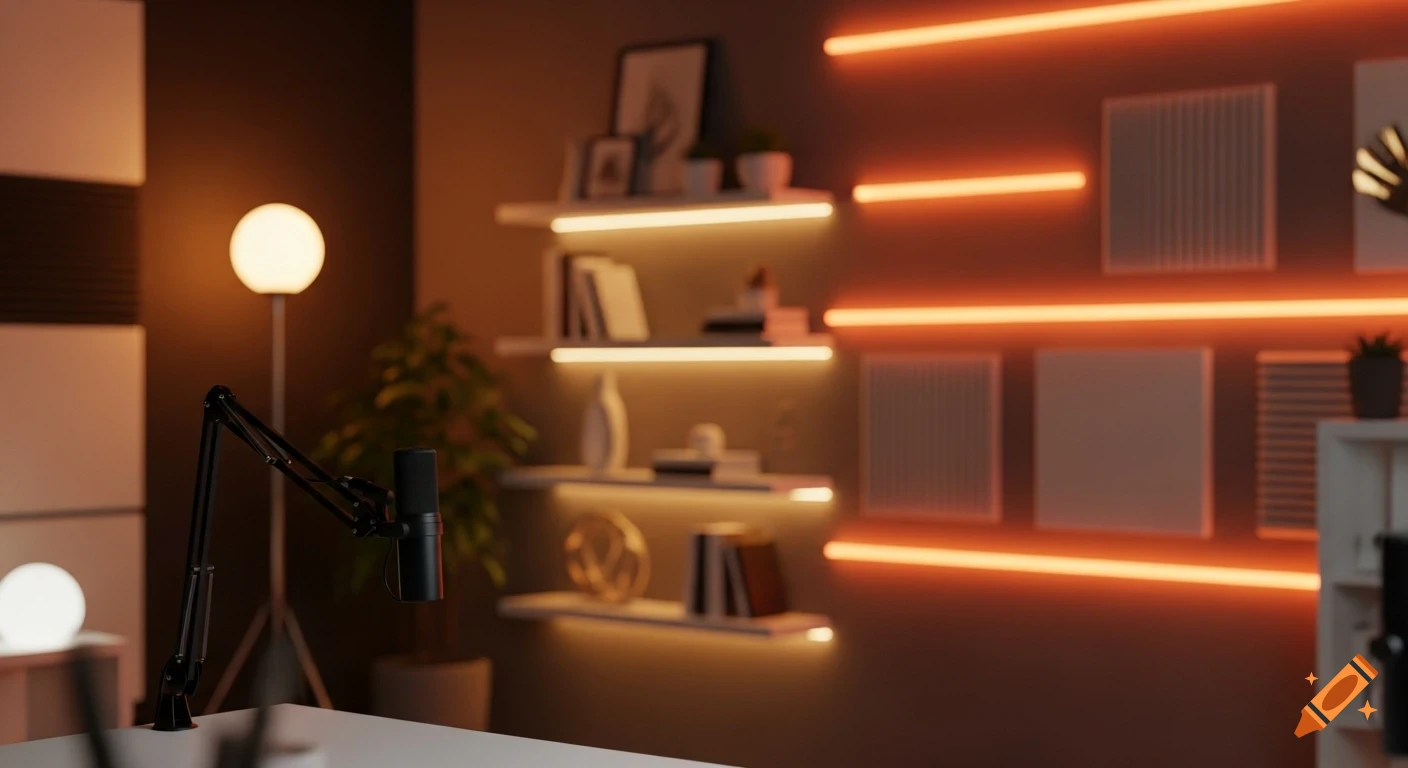 Modern cinematic content creator studio with warm orange LED lighting, shelves with decor, and a microphone boom arm.