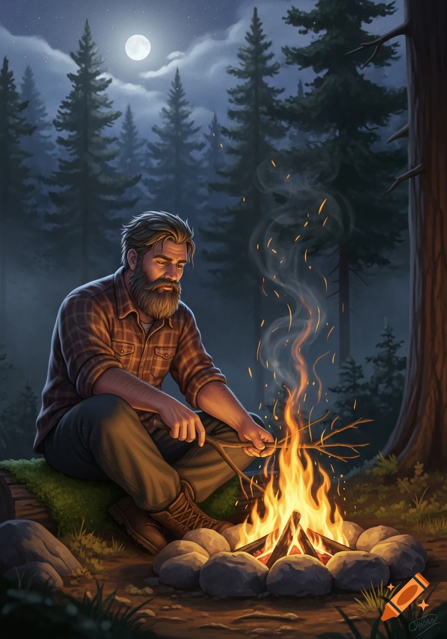 A bearded man in a plaid shirt sits by a warm campfire in a dark forest under a full moon, holding a stick.