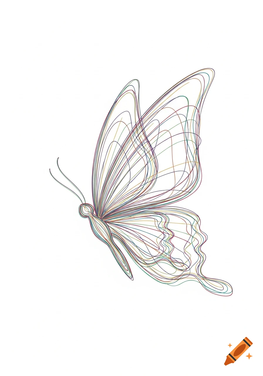 Minimalist butterfly composed of numerous thin, colorful, flowing lines on a white background, in a vector art style.