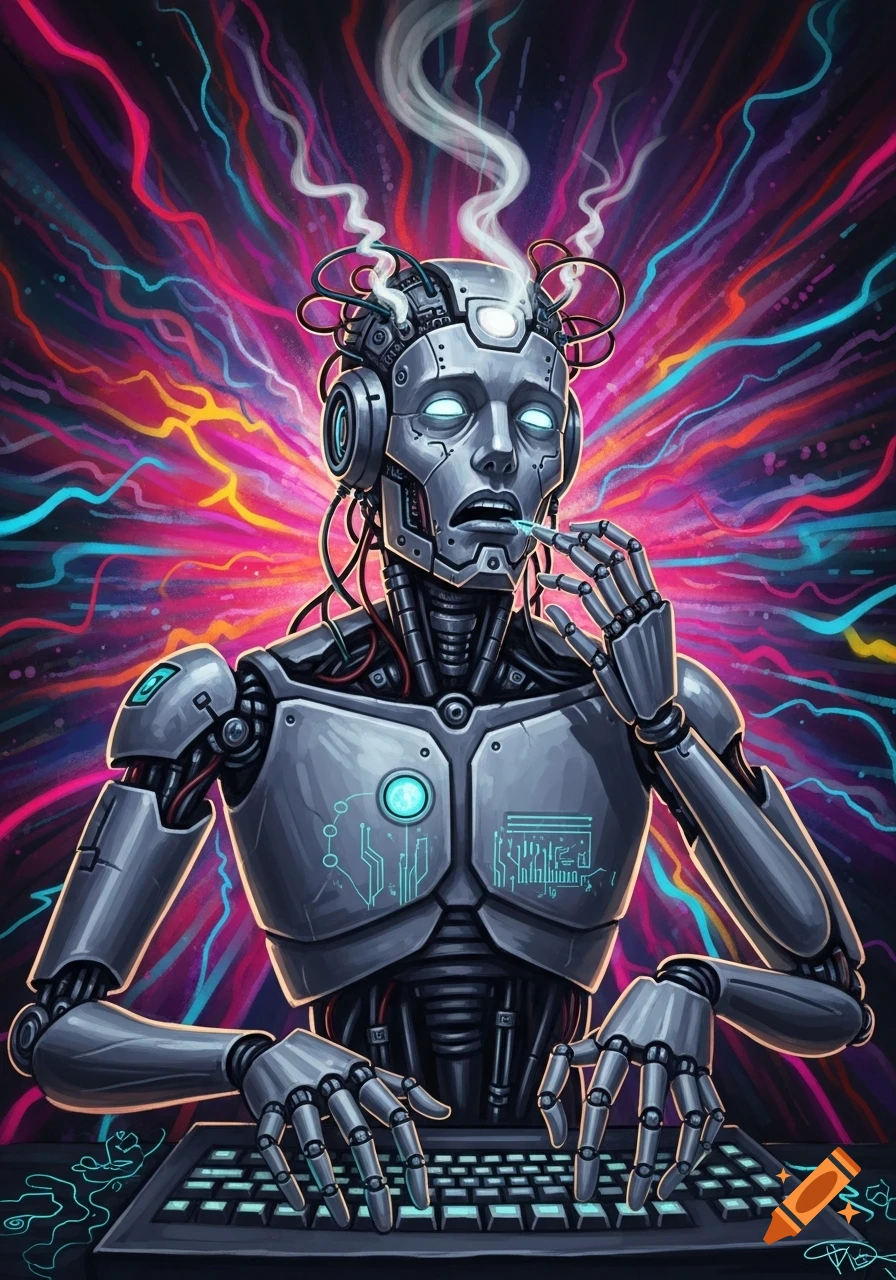 A distressed robot with wires and smoke from its head types on a keyboard against a vibrant, psychedelic background.