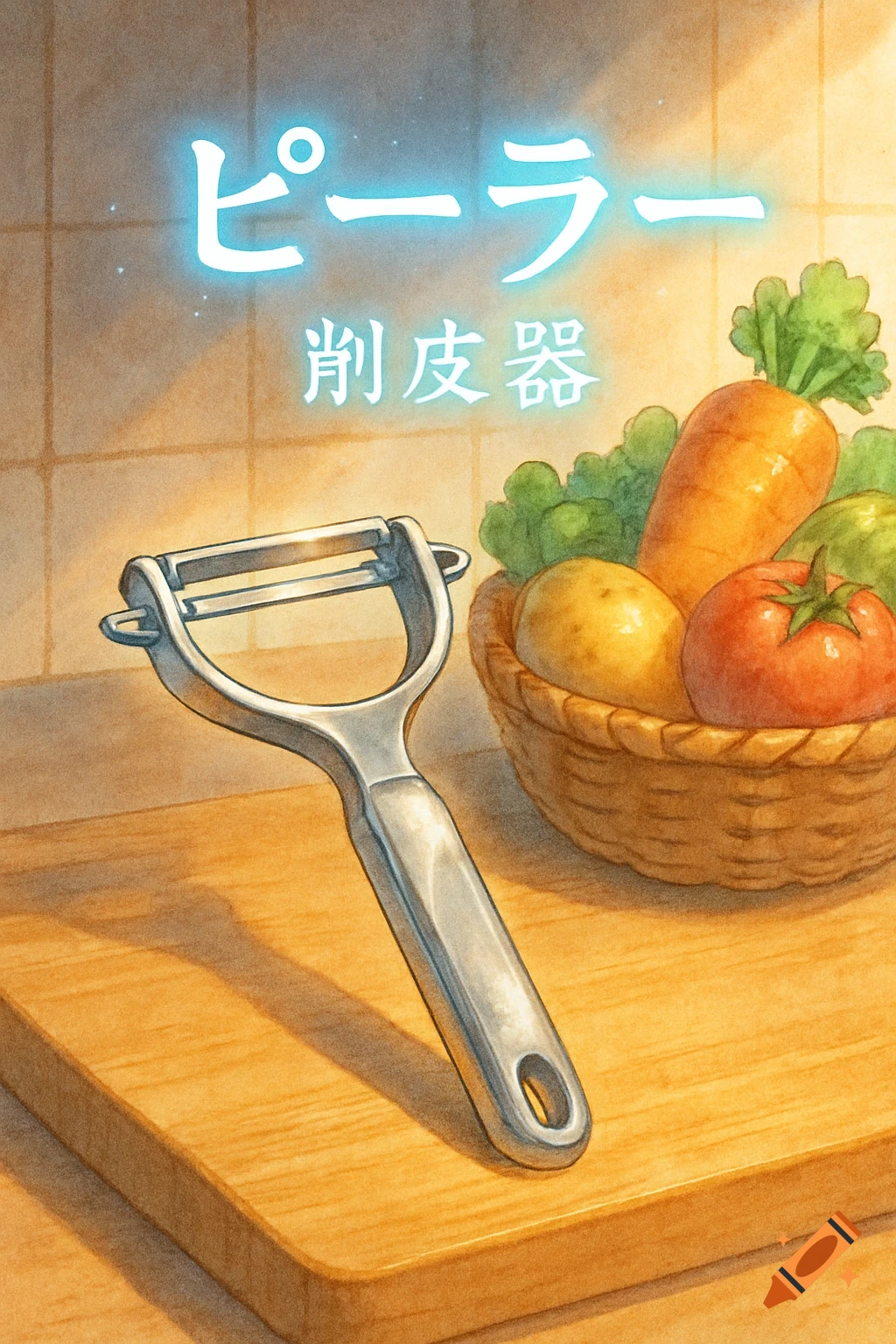 An anime illustration features a metal vegetable peeler on a wooden cutting board, with a basket of vegetables and text for "peeler" above it.