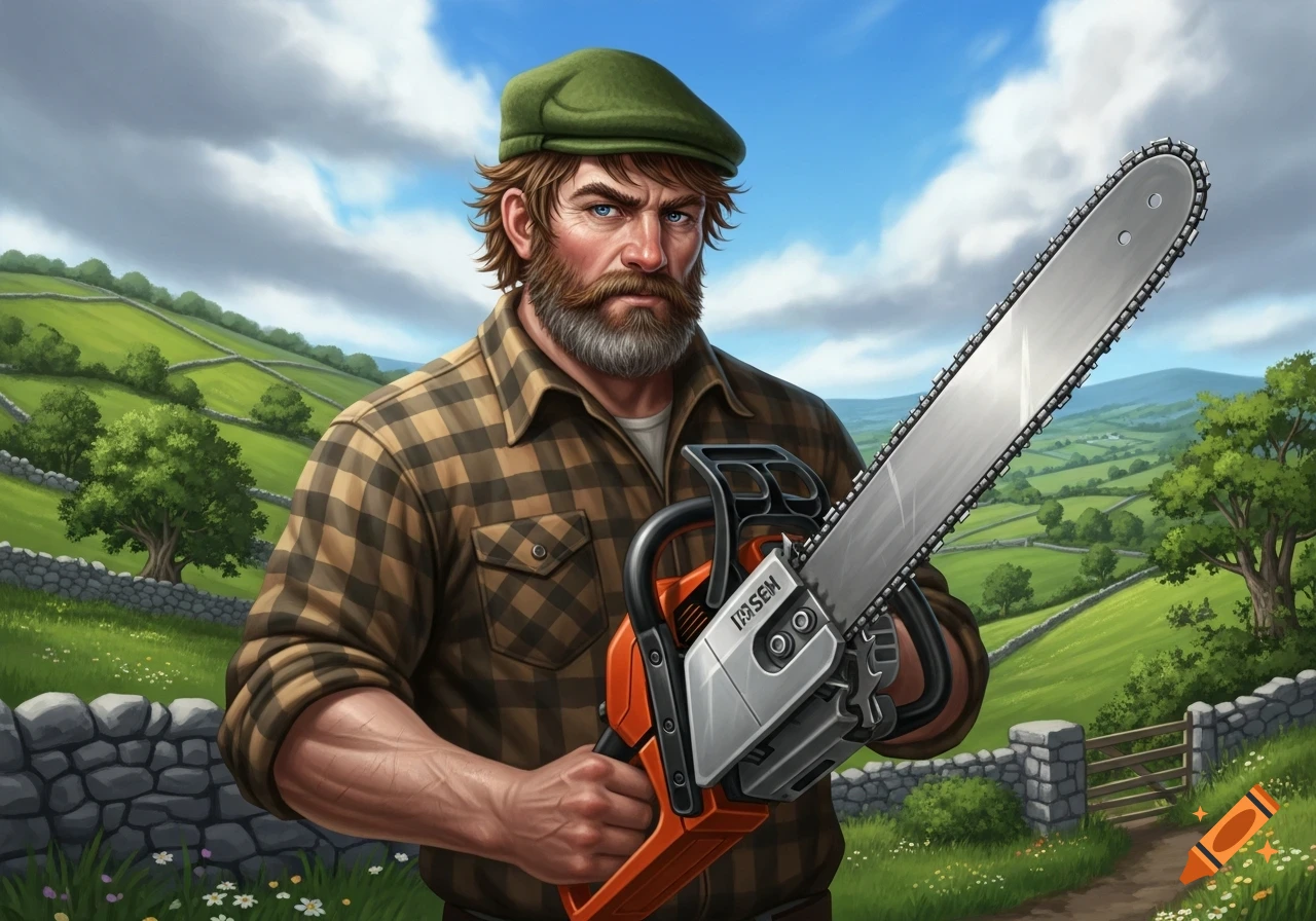 A bearded man in a plaid shirt and green cap holds a chainsaw in a lush, green countryside with stone walls, painted style.