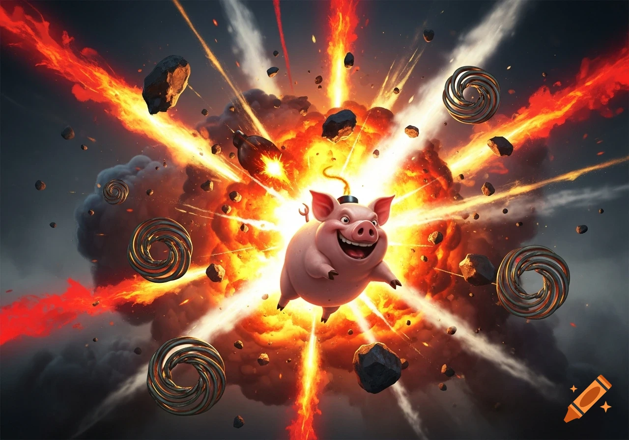 A vibrant, cartoon image of a smiling pink pig with a bomb fuse on its head, centered in a dynamic explosion with fire, smoke, and debris.