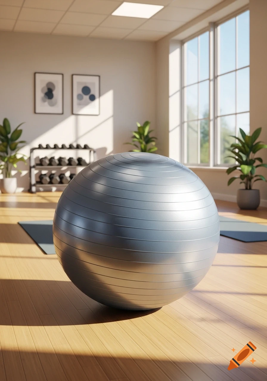 A large silver exercise ball rests on a wooden floor in a sunlit gym with dumbbells and plants in the background.