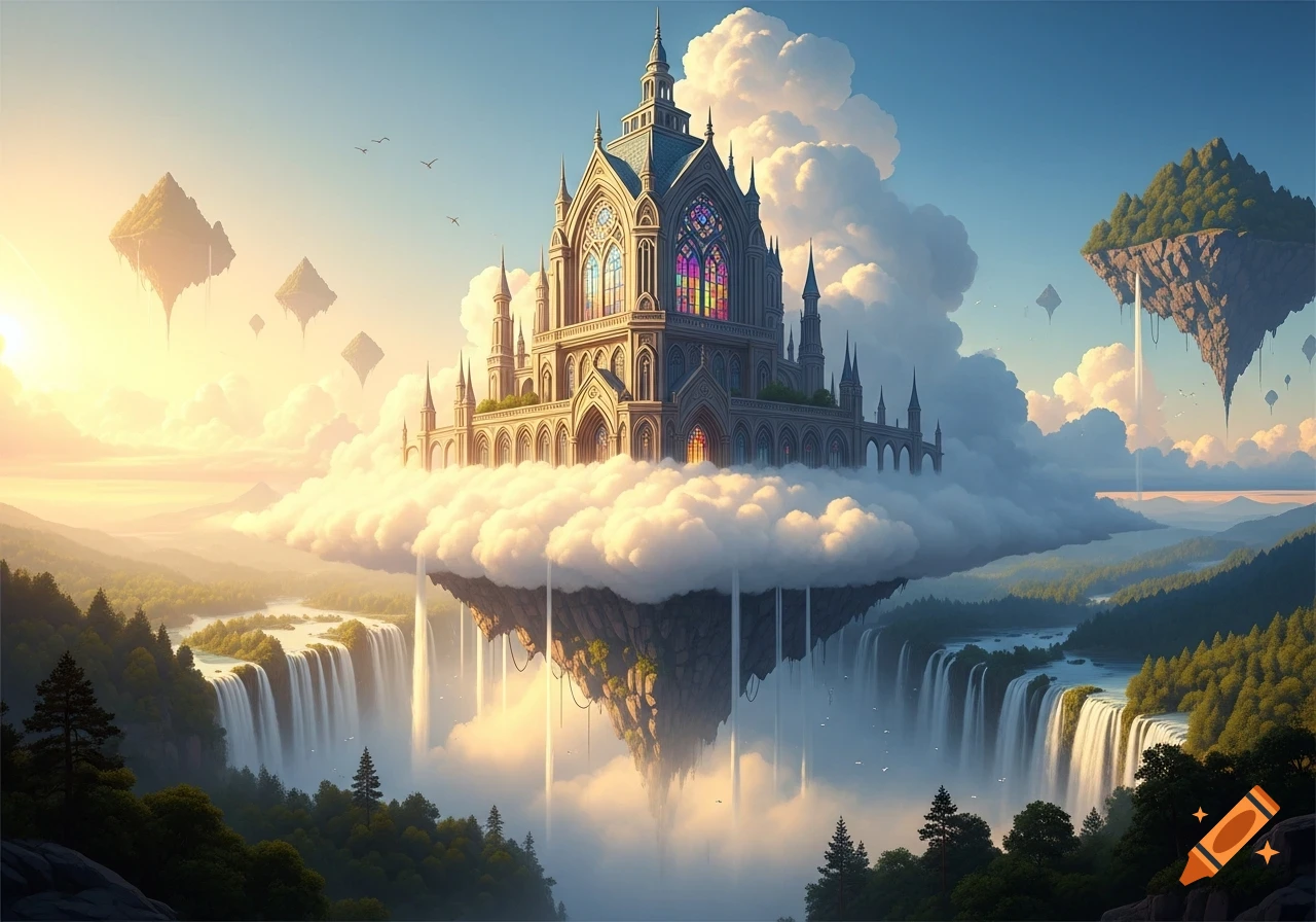 A grand castle floats on a cloud above a lush valley with waterfalls ...
