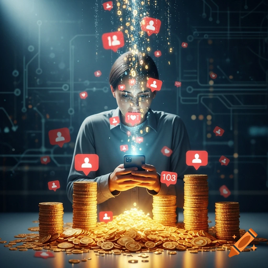 A person looks at a glowing smartphone as streams of likes, followers, and golden coins pour from it, accumulating into large stacks around them.
