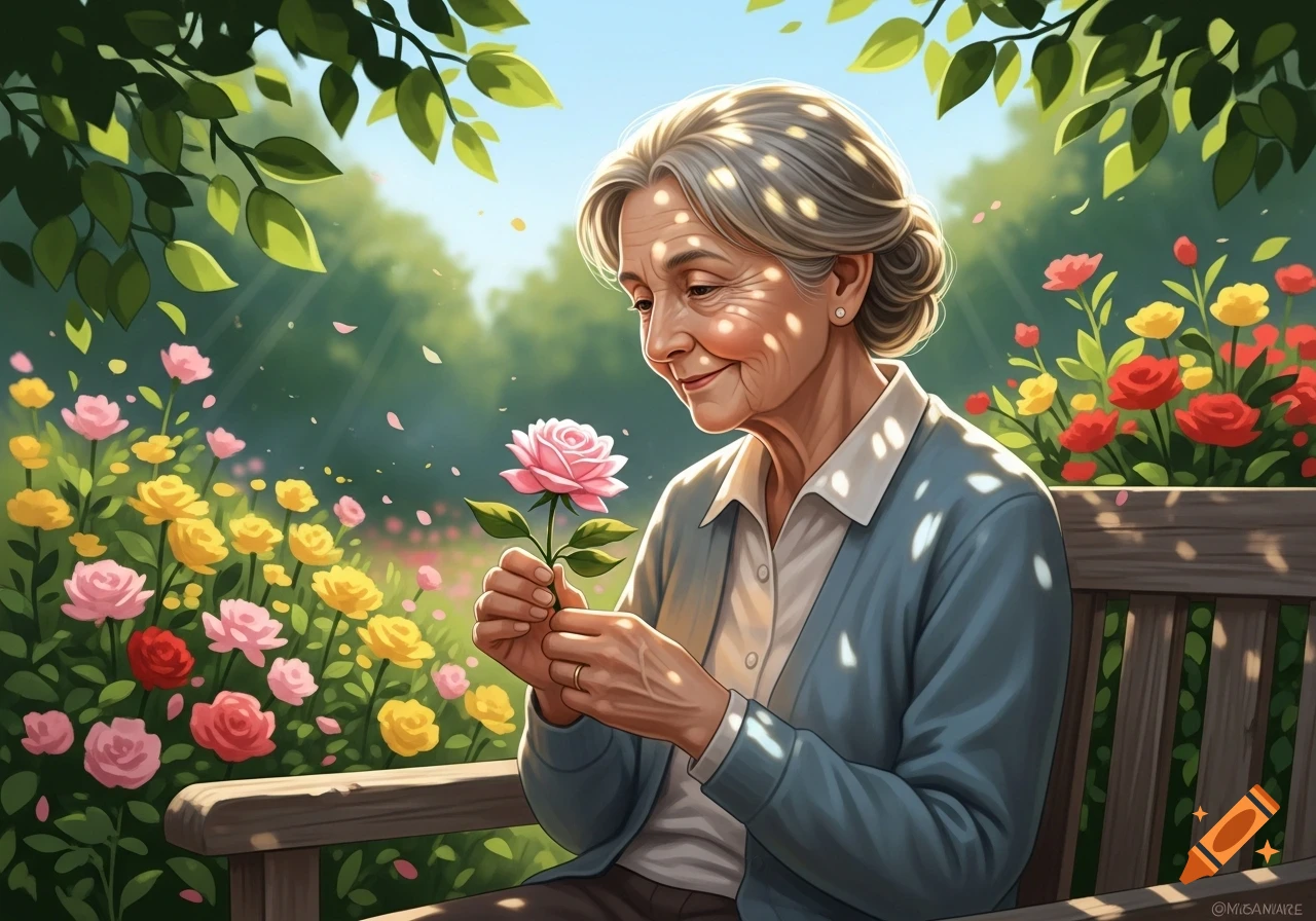 An elderly woman sits on a bench in a vibrant garden, smiling as she holds and looks at a pink rose, with dappled sunlight on her.