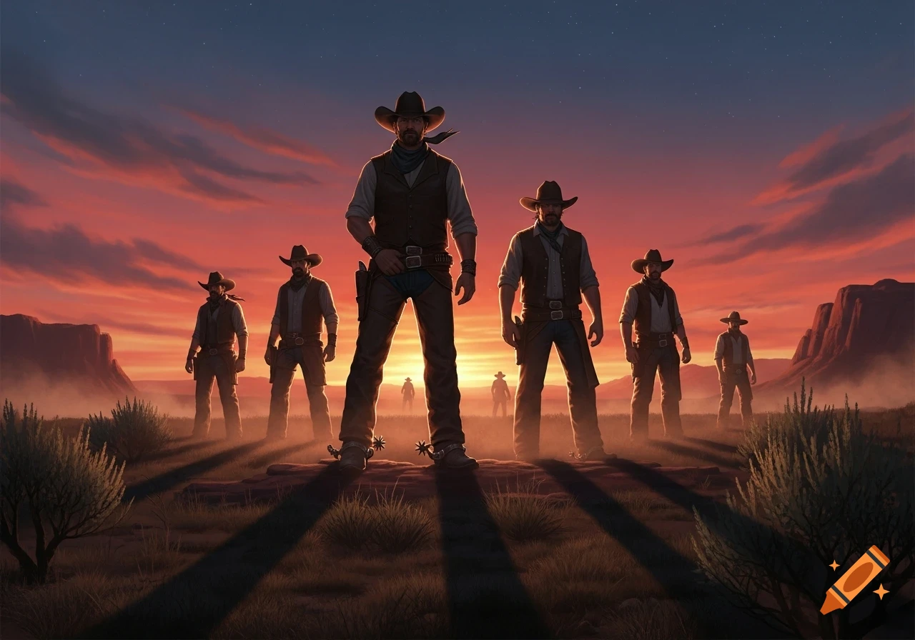 Seven cowboys stand silhouetted against a vibrant orange and purple sunset in a desert landscape with mountains.
