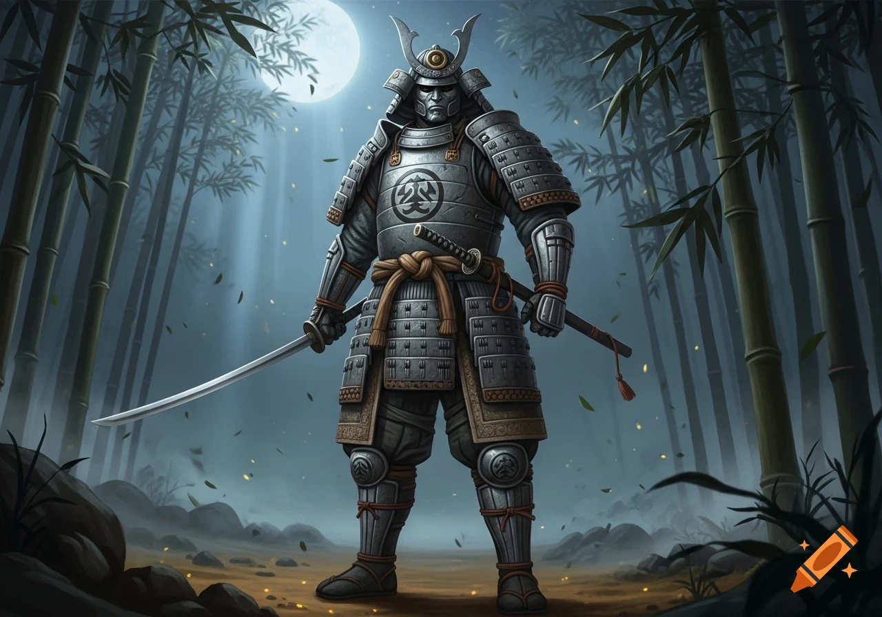 A samurai in heavy, grey armor stands in a bamboo forest under a bright full moon, holding a katana.