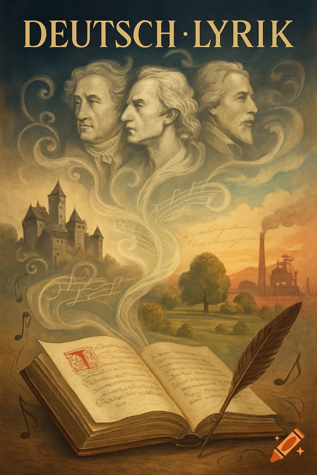 An illustrative image titled "DEUTSCH LYRIK" featuring three classical busts, a castle, an industrial landscape, an open book, and a quill.