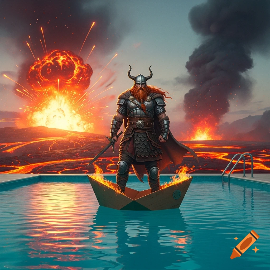 A proud armored viking stands on a burning cardboard boat in a pool, against a background of volcanic explosions and lava under a smoky sky.