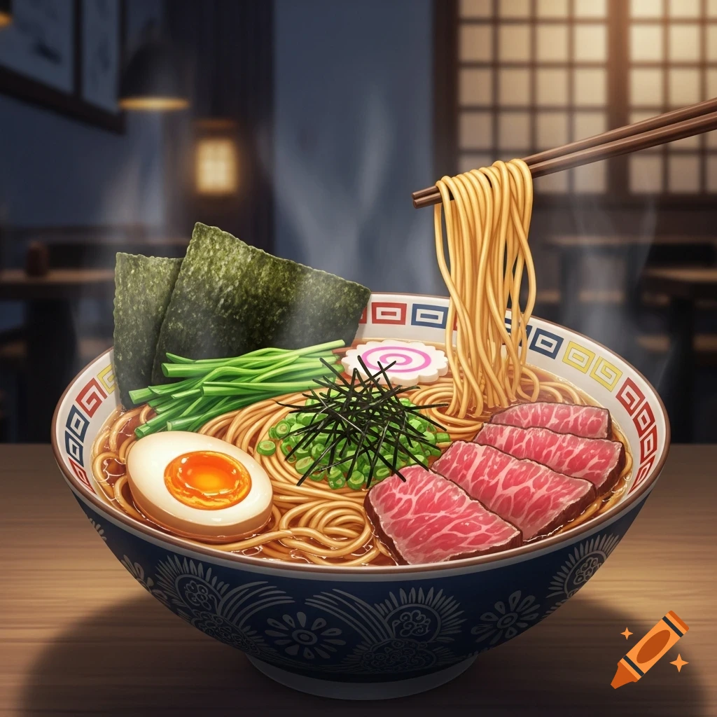 A vibrant anime-style bowl of ramen with noodles being lifted by chopsticks, featuring beef, egg, nori, and scallions in a warm restaurant setting.