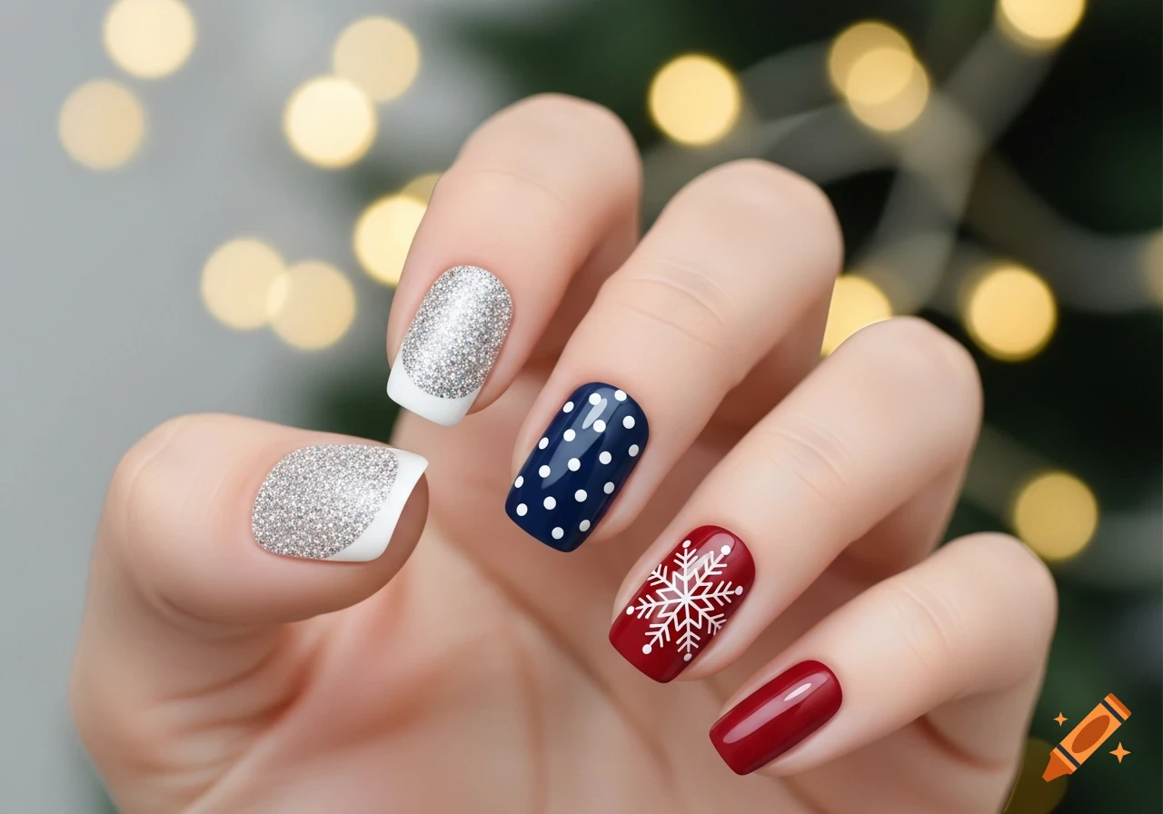 A hand displays festive Christmas nail art: silver glitter french tips, blue polka dots, a red snowflake, and solid red.