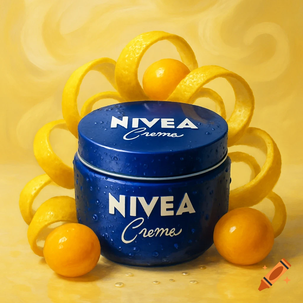 A blue Nivea Creme jar covered in water droplets, surrounded by yellow lemon peels and small oranges on a yellow background.