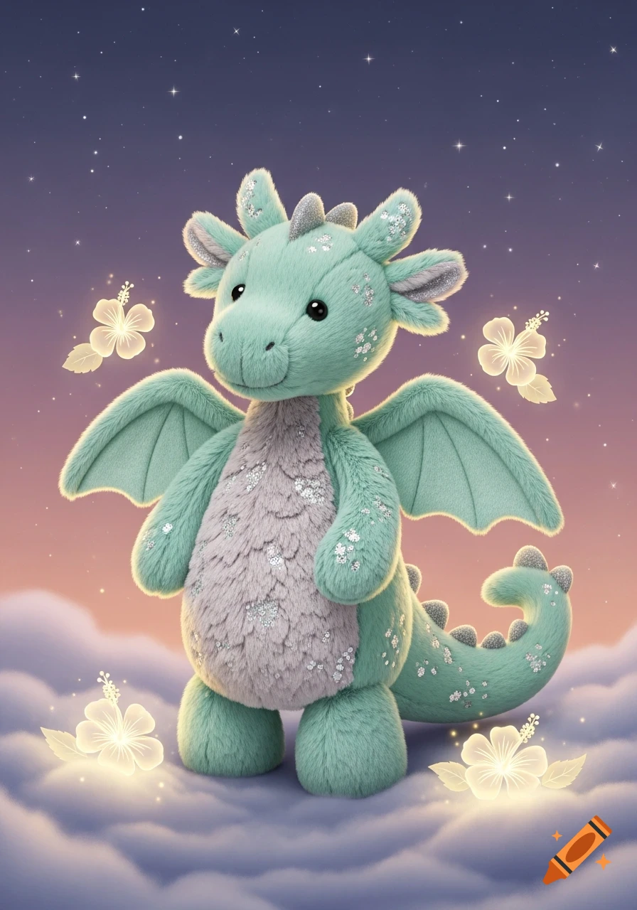 A cute mint green plush dragon with glitter stands on soft clouds under a starry, twilight sky with glowing white flowers.