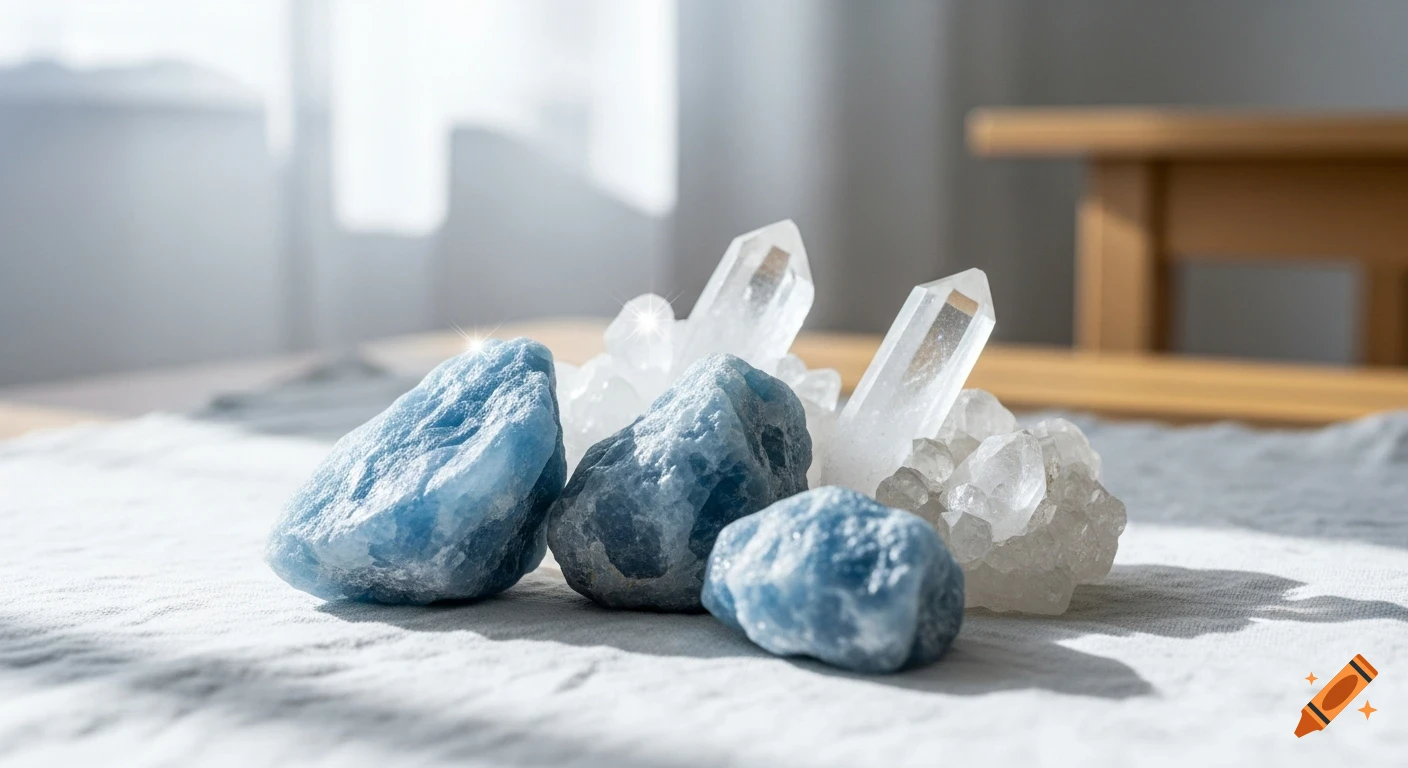 Raw blue Celestite and clear Quartz crystals on white linen, with soft natural window light, blurred background of a modern room.