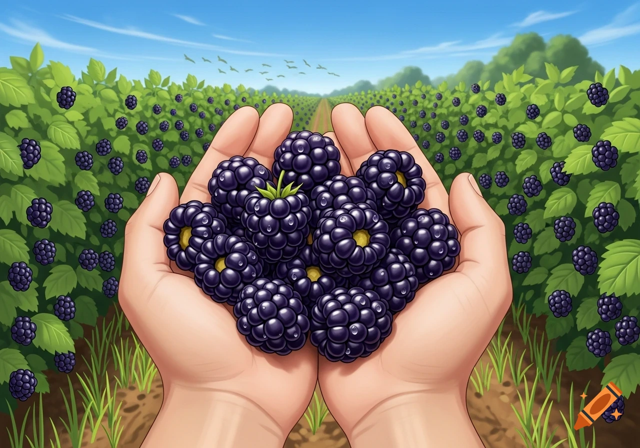 Two hands hold a generous pile of ripe, dew-kissed blackberries against a vibrant green field under a clear blue sky, in an illustration style.
