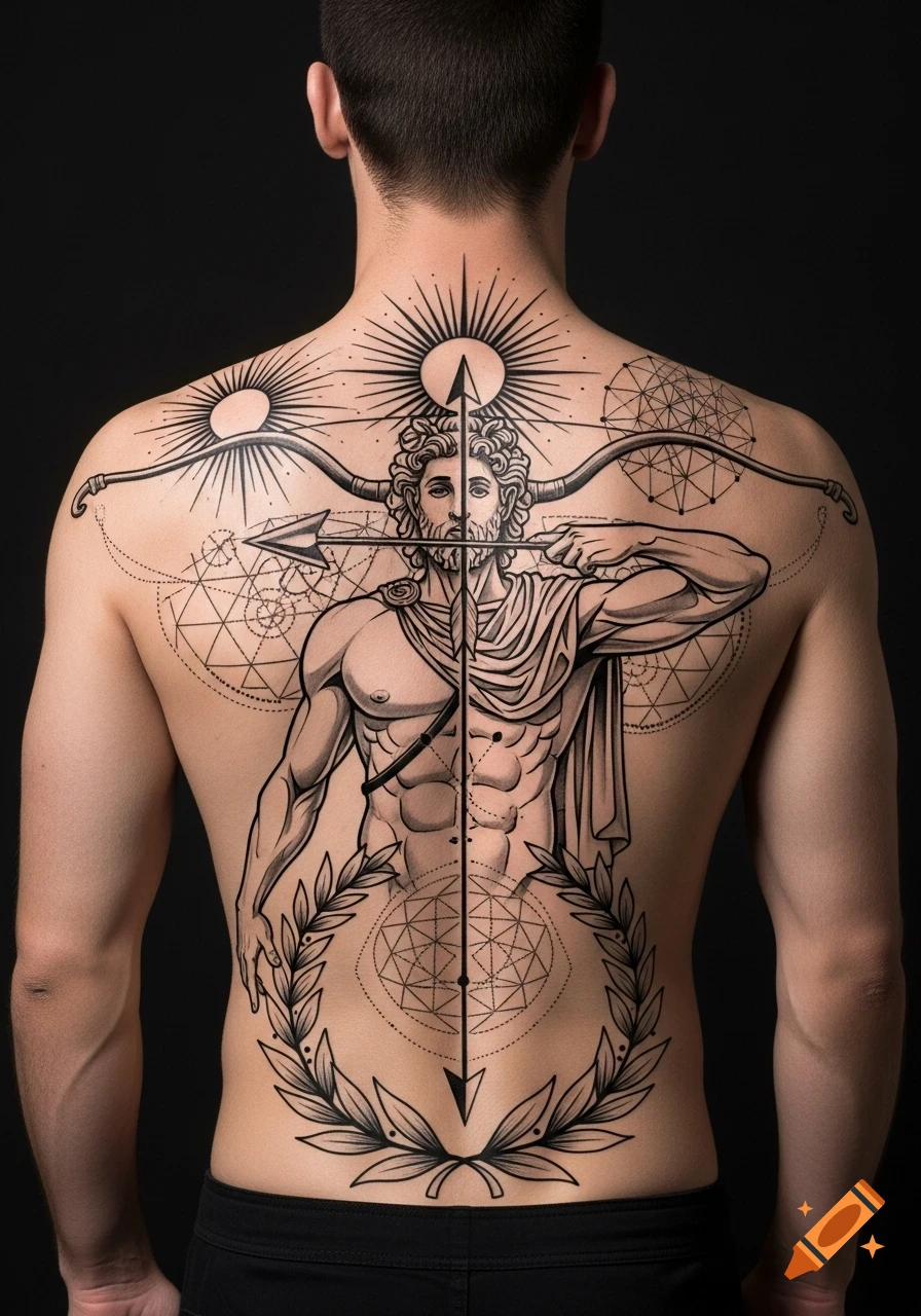 Full back tattoo of a stylized Apollo with a bow and arrow, suns, sacred geometry, and a laurel wreath on a man's back.