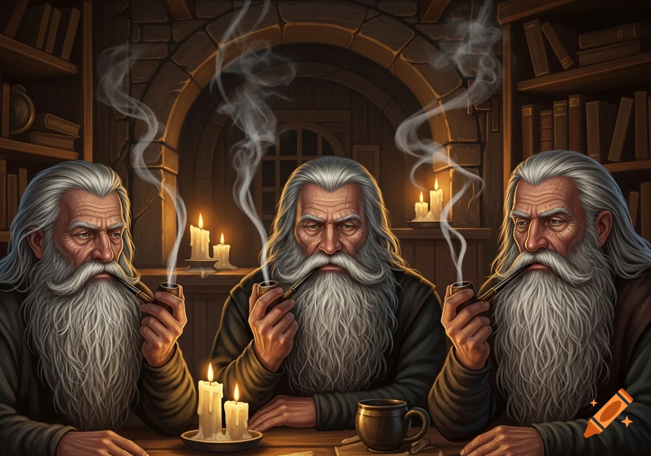 Three bearded old men with long white hair smoke pipes at a wooden table in a dimly lit, rustic room with candles and bookshelves.