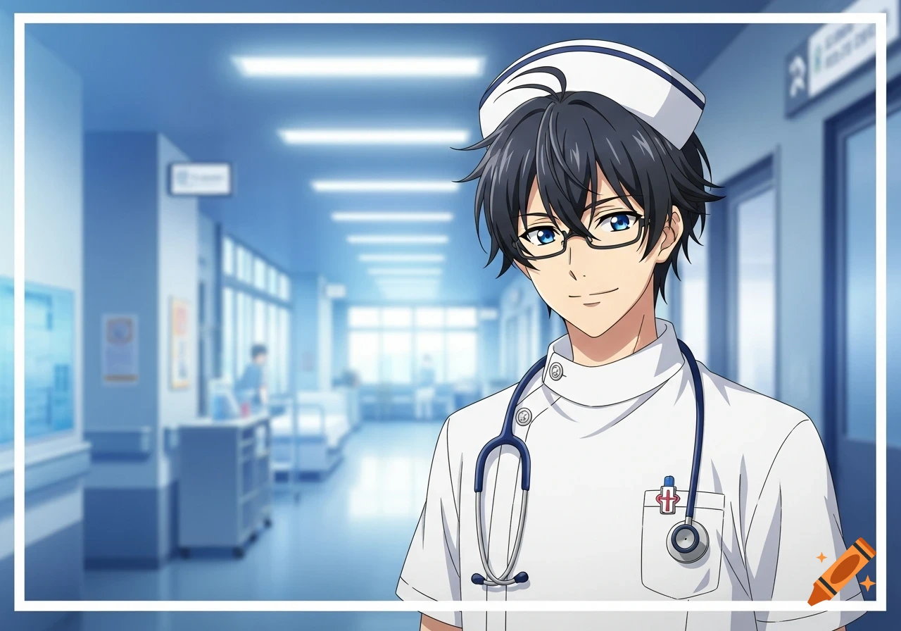 Anime-style male nurse with dark hair, glasses, and a stethoscope, smiling in a blurred hospital hallway.