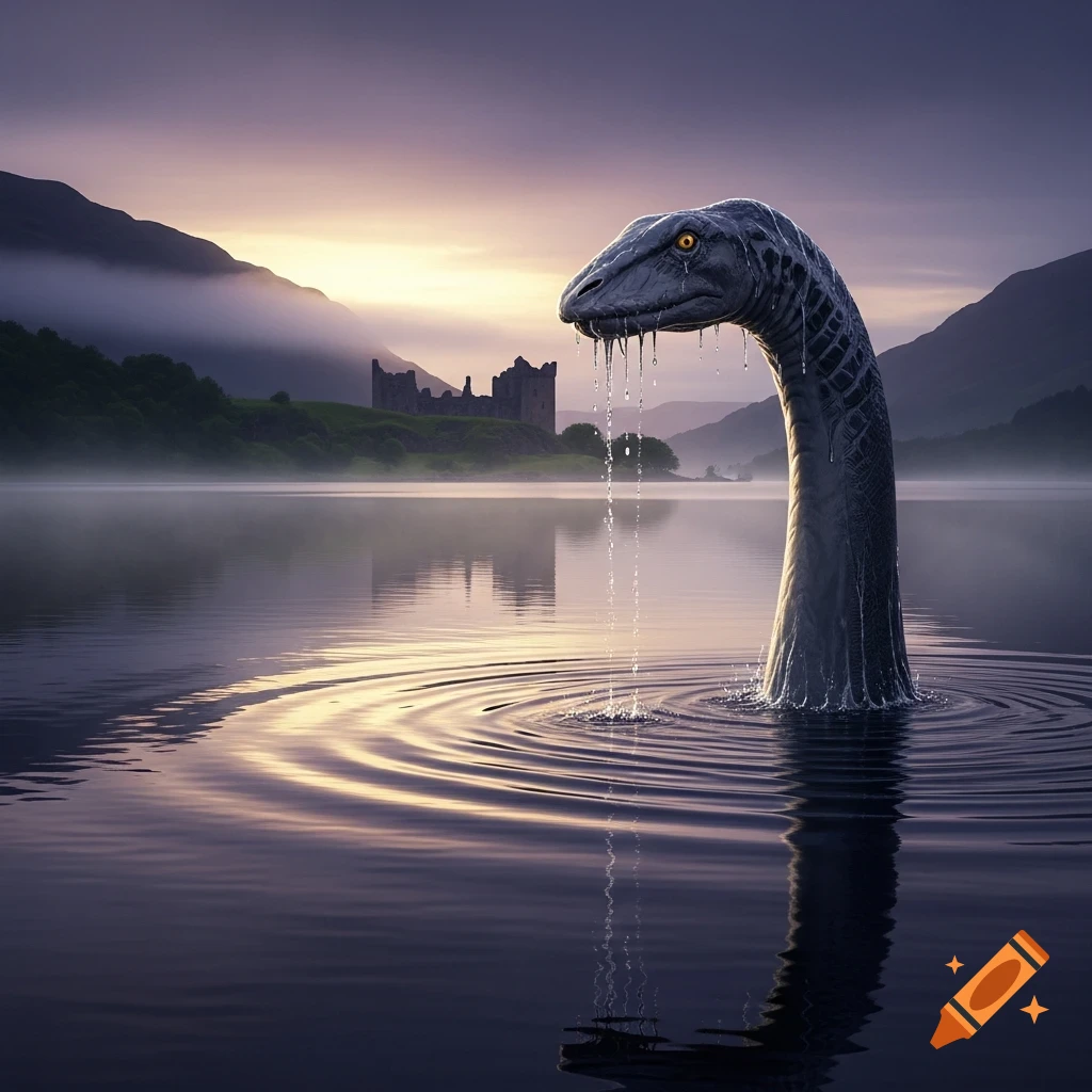 A photorealistic image of the Loch Ness Monster emerging from a misty lake at sunset, with a ruined castle and mountains in the background.