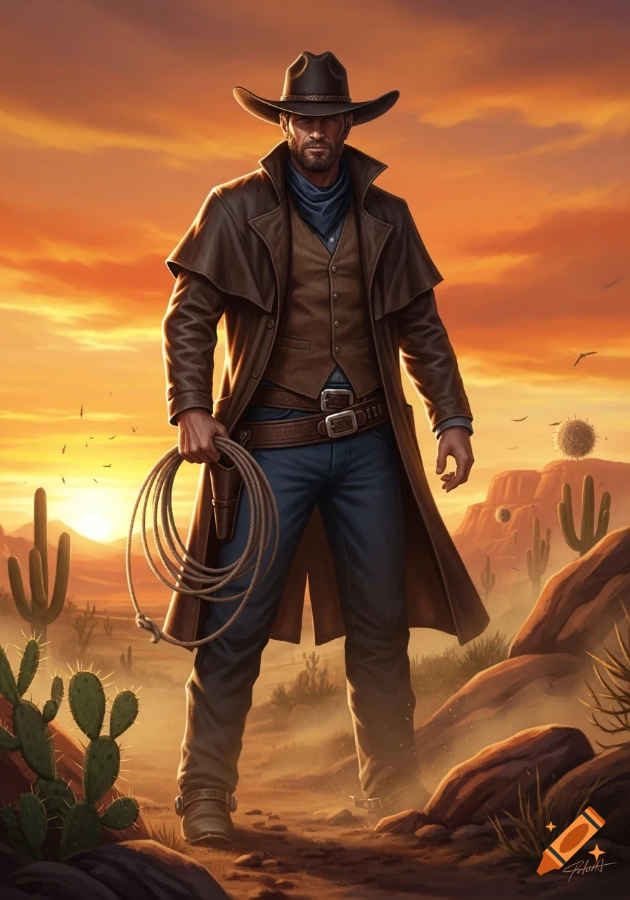 A rugged cowboy in a duster coat and hat holds a lasso in a desert landscape with cactuses under a vivid sunset sky.